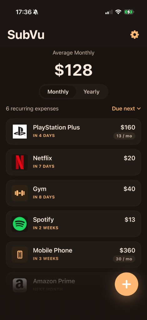 SubVu app showing average monthly spend and a list of recurring subscriptions.